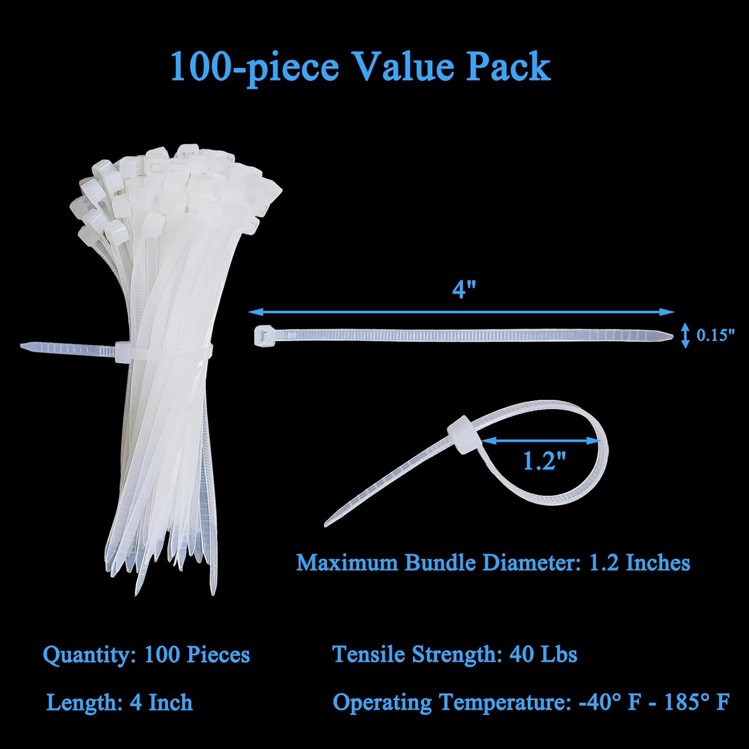 100PCS Zip Ties 4 Inch Heavy Duty Wire ties Self-Locking Cable tie with 40 lbs Tensile Strength for Indoor and Outdoor Use, White