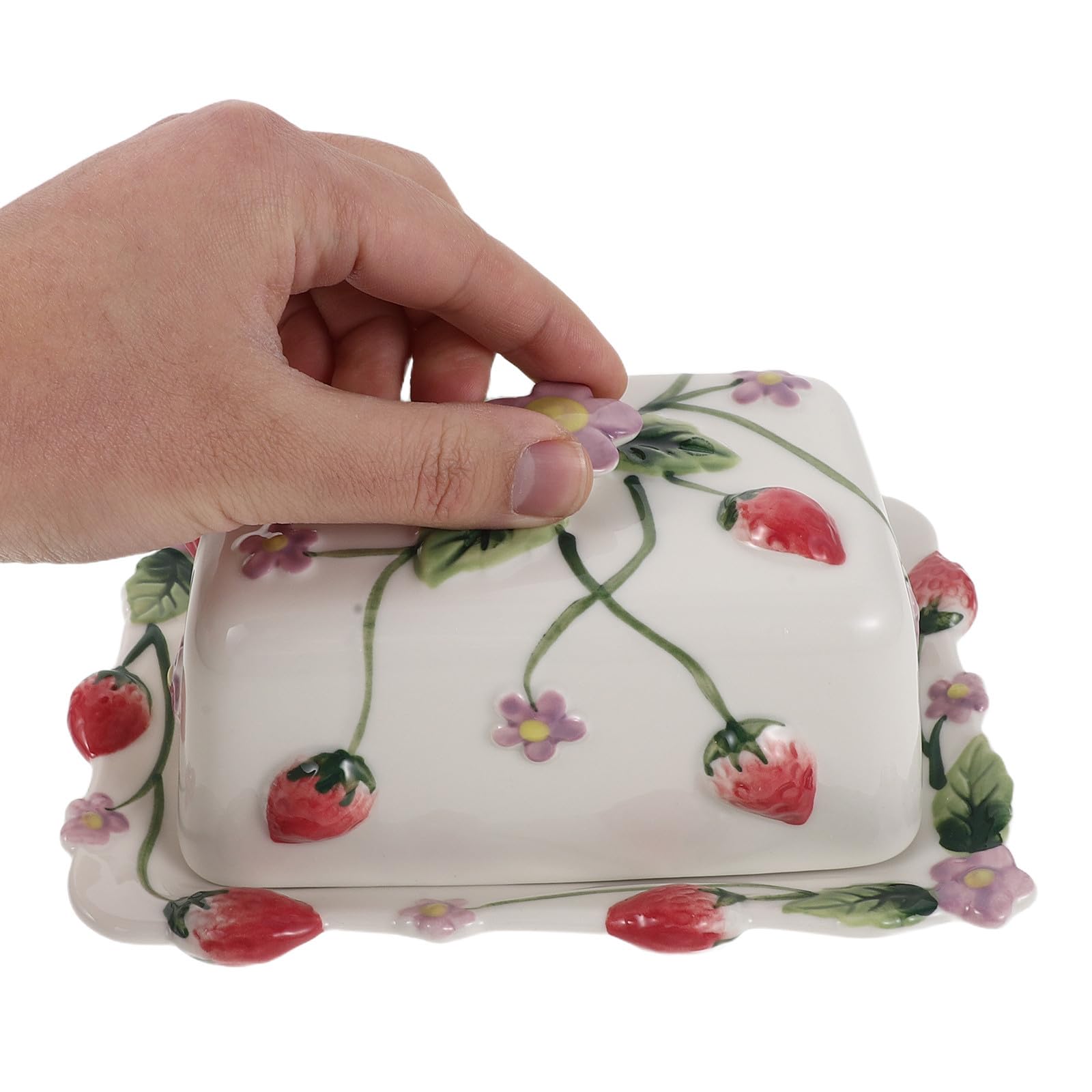 Beurrier Décoratif en Céramique avec Couvercle, Motif Fraise Floral