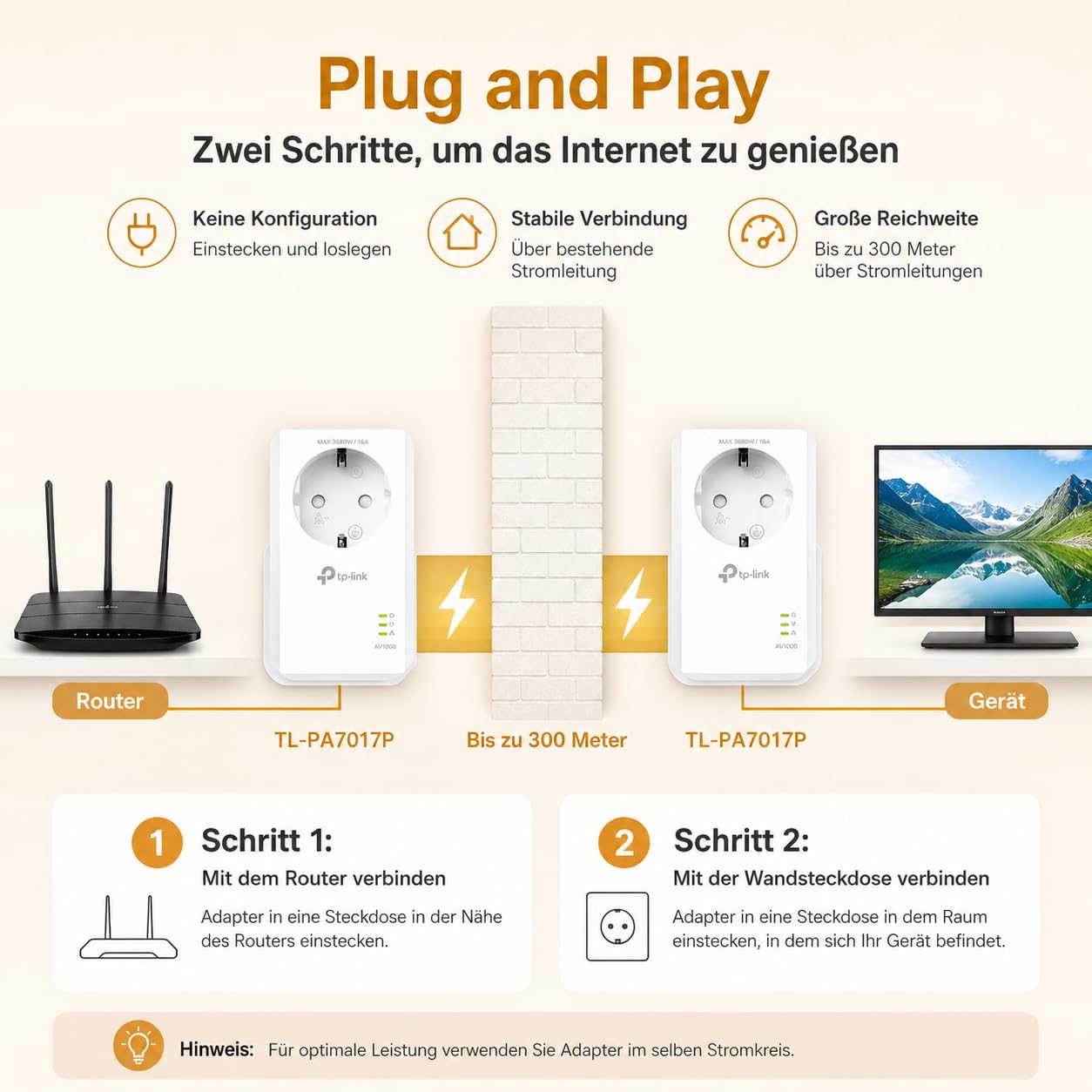 TP-Link Powerline Adapter Set TL-PA7017P KIT(1000Mbit/s, mit Steckdose, Gigabit-Port, Plug&Play, Kompatibel mit HomePlug AV/AV2 Powerline Adaptern, Ideal für Media-Streaming)