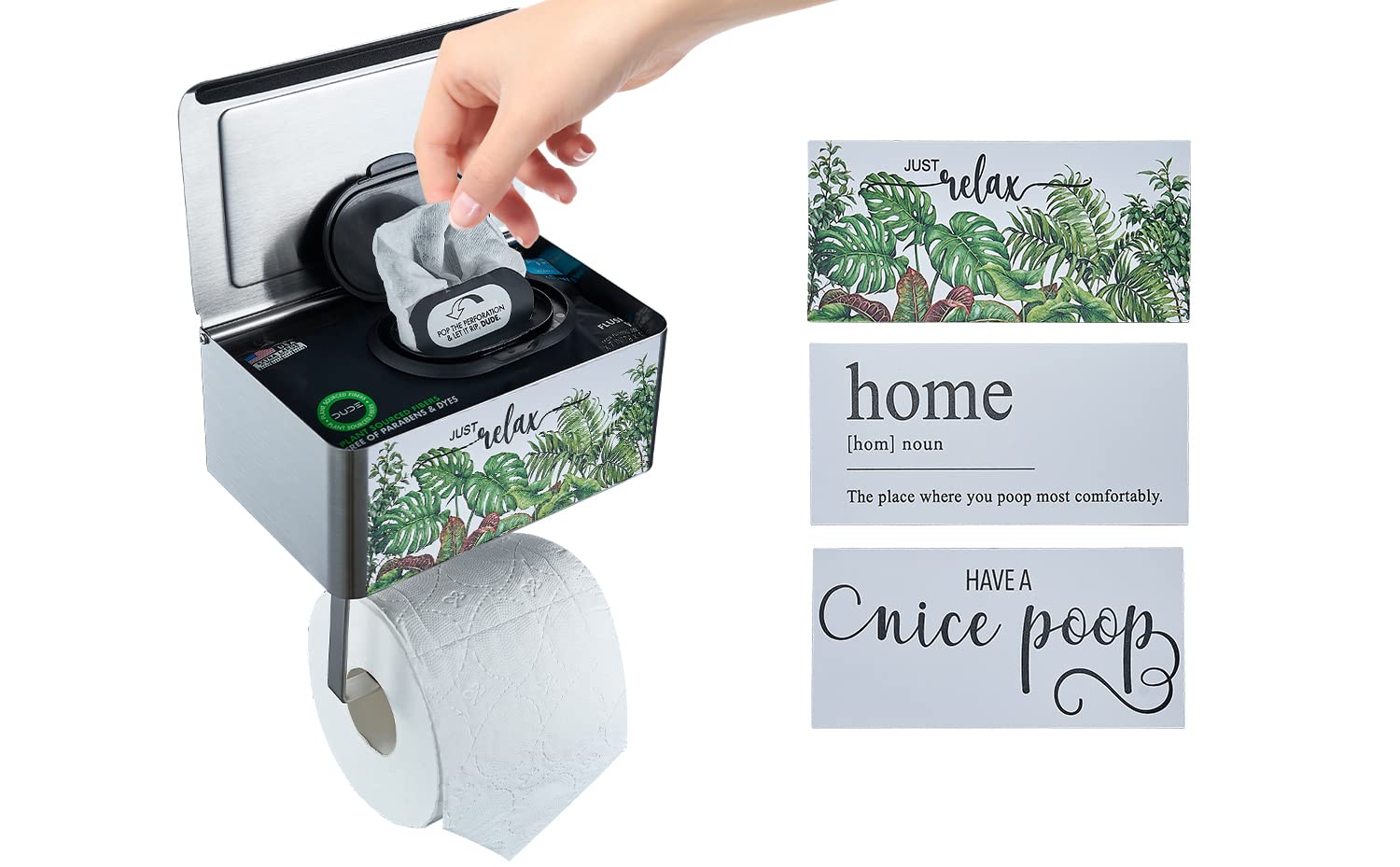 KGnome Flushable Wipe Dispenser & Toilet Paper Holder with 3 Signs