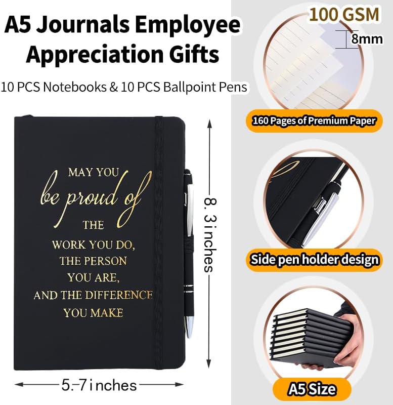 20 Pcs Employee Appreciation Gifts Including 10 A5 Leather Inspirational Notebook Journals and 10 Ballpoint Pens-Staff Appreciation Gifts-Thank You Gifts for Employees Team Teacher Volunteer