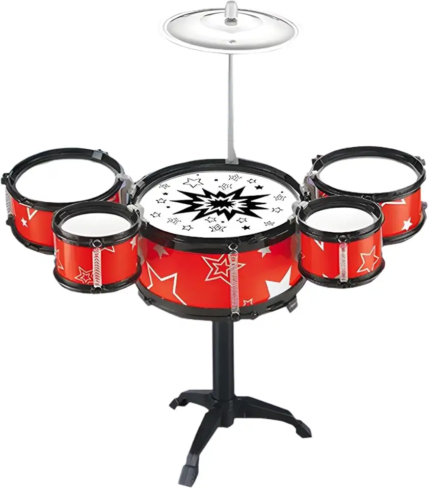 Mini Bateria Infantil Instrumento Musical Brinquedo com Prato Tambor e Baqueta (Vermelho)