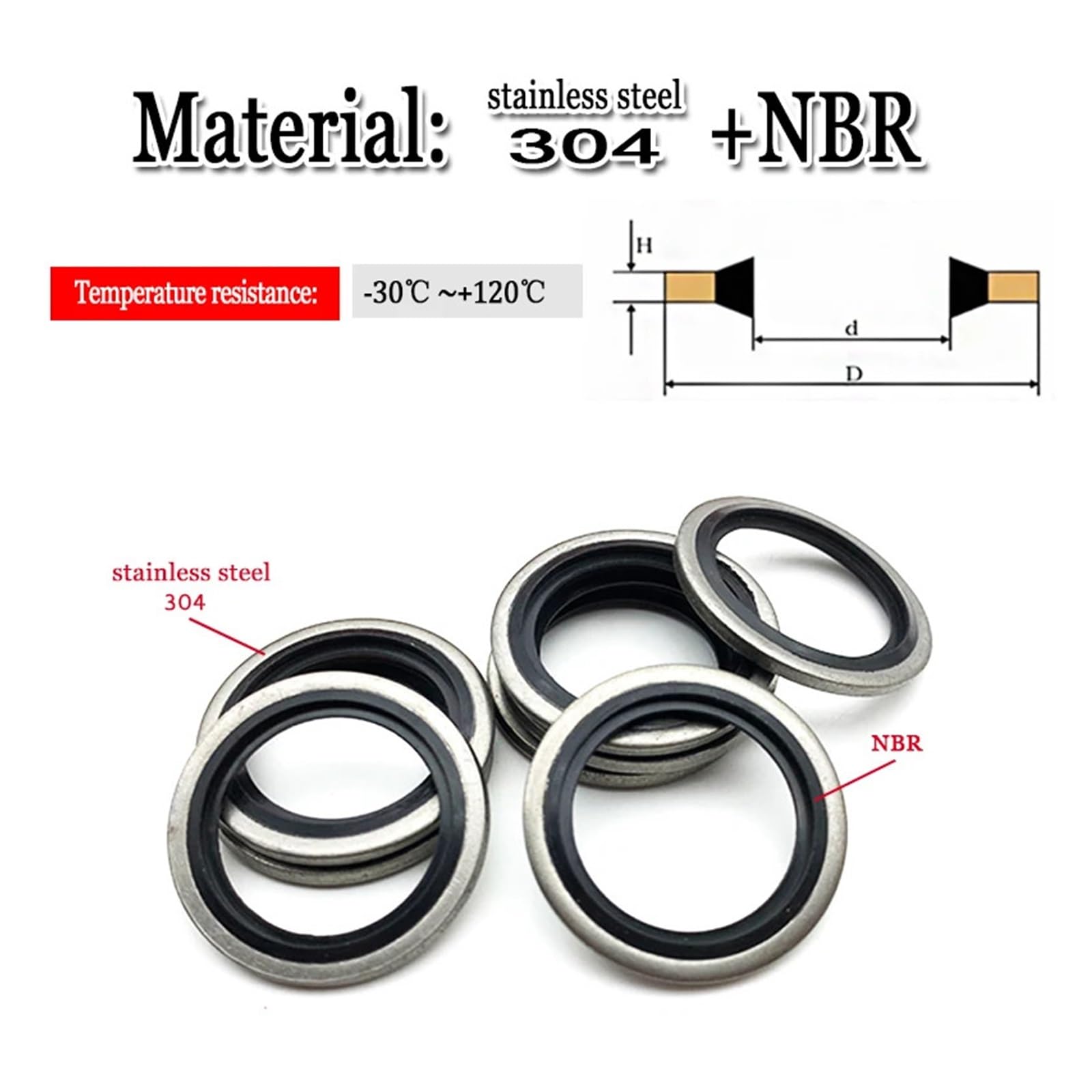 1/10 pièces NBR métal lié rondelle d'étanchéité haute pression hydraulique huile résistant caoutchouc joint torique tuyau d'huile bouchon de vidange joint joint kit 2 couleurs(304 NB