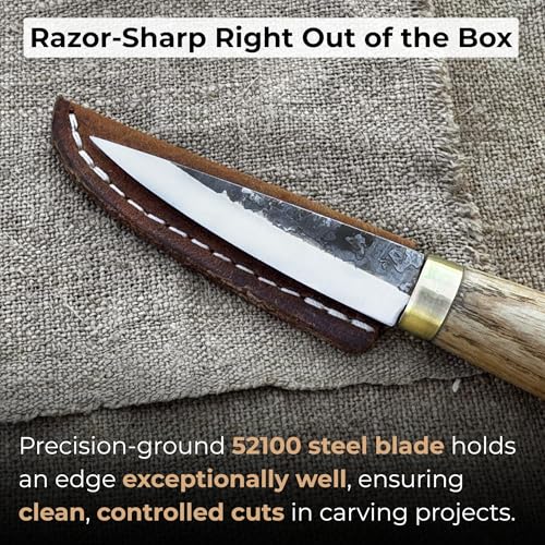 Image of Sharky Whittling Knife - Hand-Forged Sloyd Wood Carving Tool - 2.95 in (7.5 cm) Blade with Leather Sheath - Professional Whittle Knife for Fine Detail & Rough Cuts