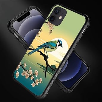 for iPhone 11 Case, Magpie Plum Blossom Sunset Cyan Pattern Graphic Design Girl Boy Soft Silicone Hard Acrylic Shock Protection for iPhone 11