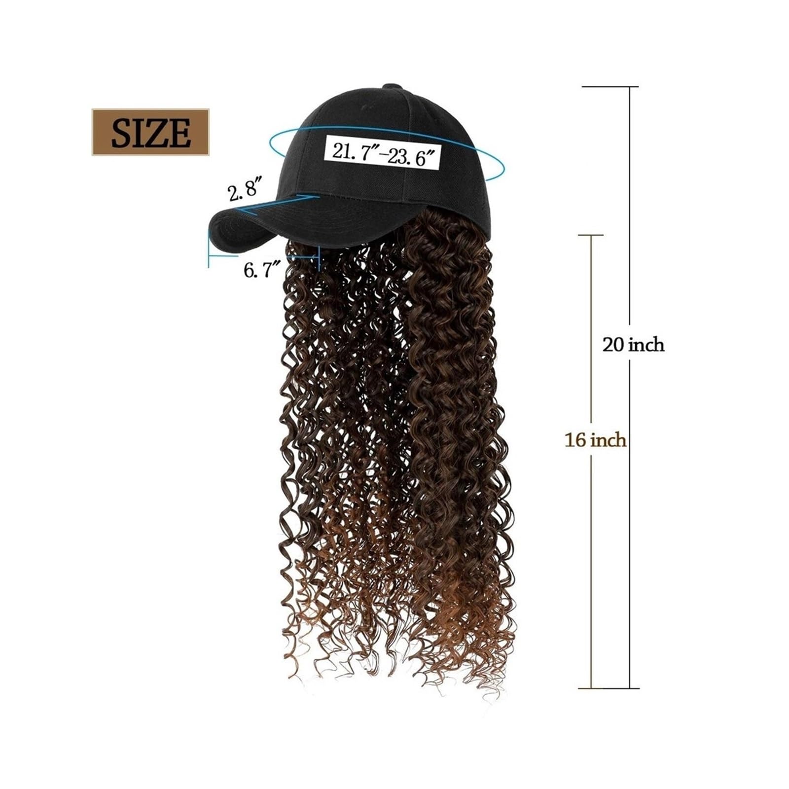 Wig Cap Sombrero de pelo sintético rizado Peluca Pelucas negras largas Conectar con gorra béisbol Sombreros peluca for mujeres(2)