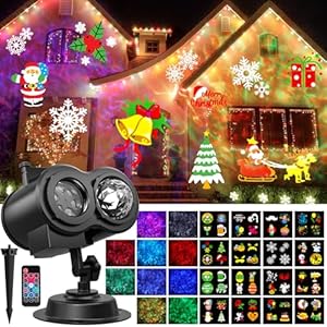 OUSFOT Projektor Weihnachten Aussen, 16 Folien, Halloween Projektor mit Fernbedienung und Timer-Funktion, Geeignet für Erntedankfest, Weihnachten, Neujahr, Partys