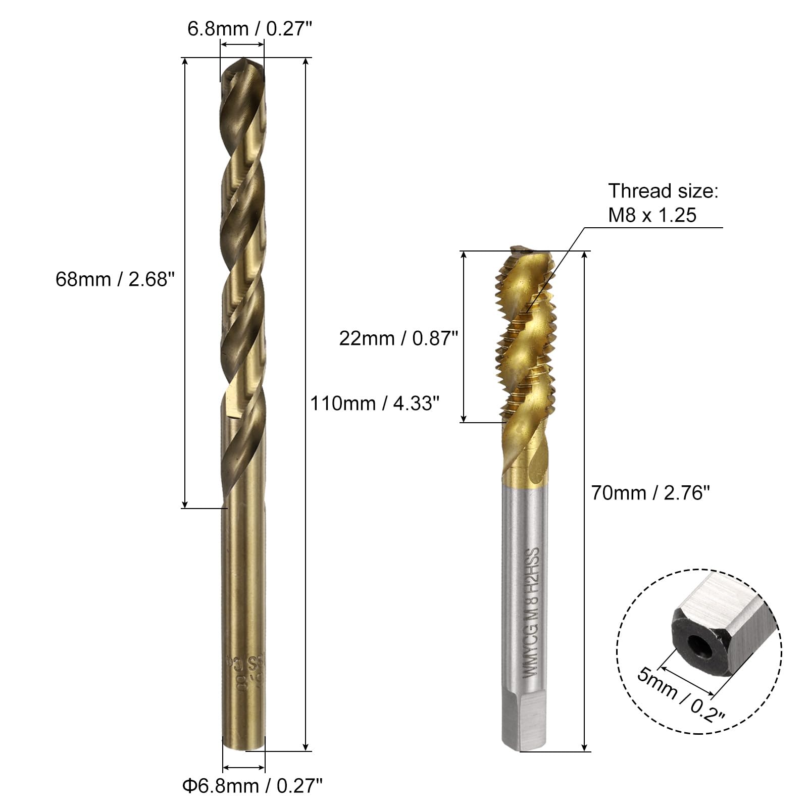 Zestaw gwintowników i wierteł metrycznych, 2 szt. gwintowników spiralnych M8 x 1,25 powlekanych tytanem i 2 szt. wierteł krętych 6,8 mm w kolorze żółtym, narzędzia do gwintowania śrub