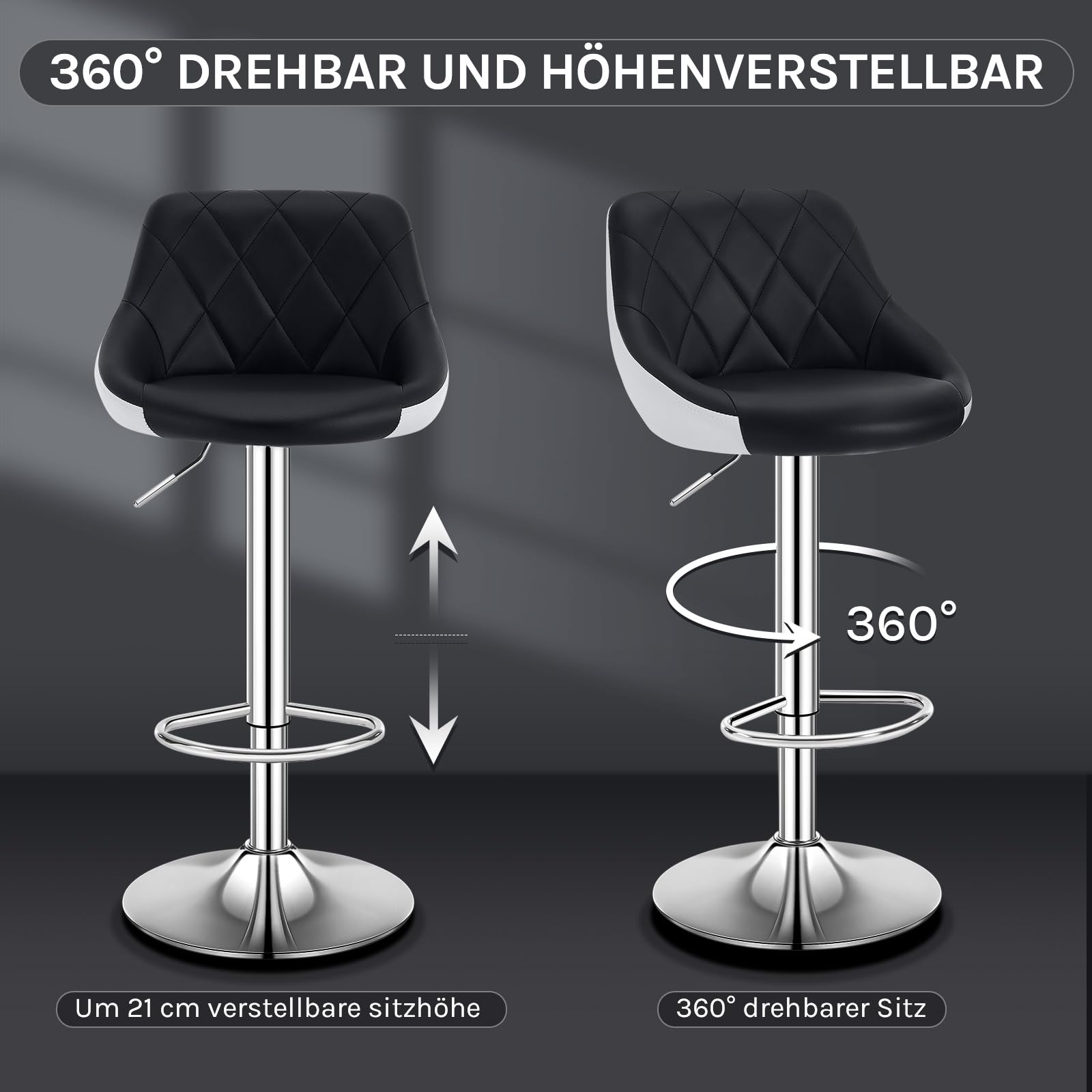 WOLTU Barhocker 1er Set, Barstuhl Höhenverstellbar, PU-Bezug, Schwarz+Weiß | Drehbarer Bar Stool mit Rückenlehne und Fußstütze, rutschfeste Metallfüße, für Küche und Hausbar
