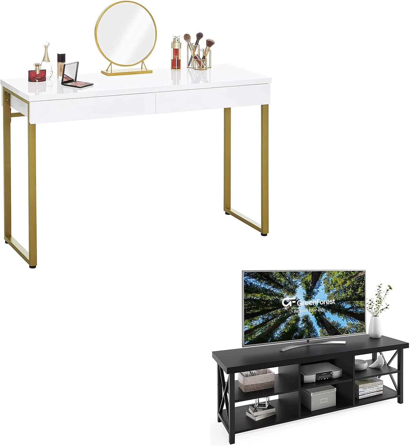 GreenForest Vanity Desk with 2 Drawers Glossy White Makeup