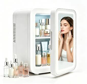 Lispin Mini Skincare Fridge, 4 Liter/6 Can Small Fridge with Dimmable LED Mirror