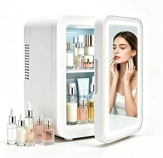 Lispin Mini Skincare Fridge, 4 Liter/6 Can Small Fridge with Dimmable LED Mirror, Cooler Makeup Fridge for Skin Care, Cosmetics, Food, Drinks, Personal Refrigerator for Bedroom, Office, Car