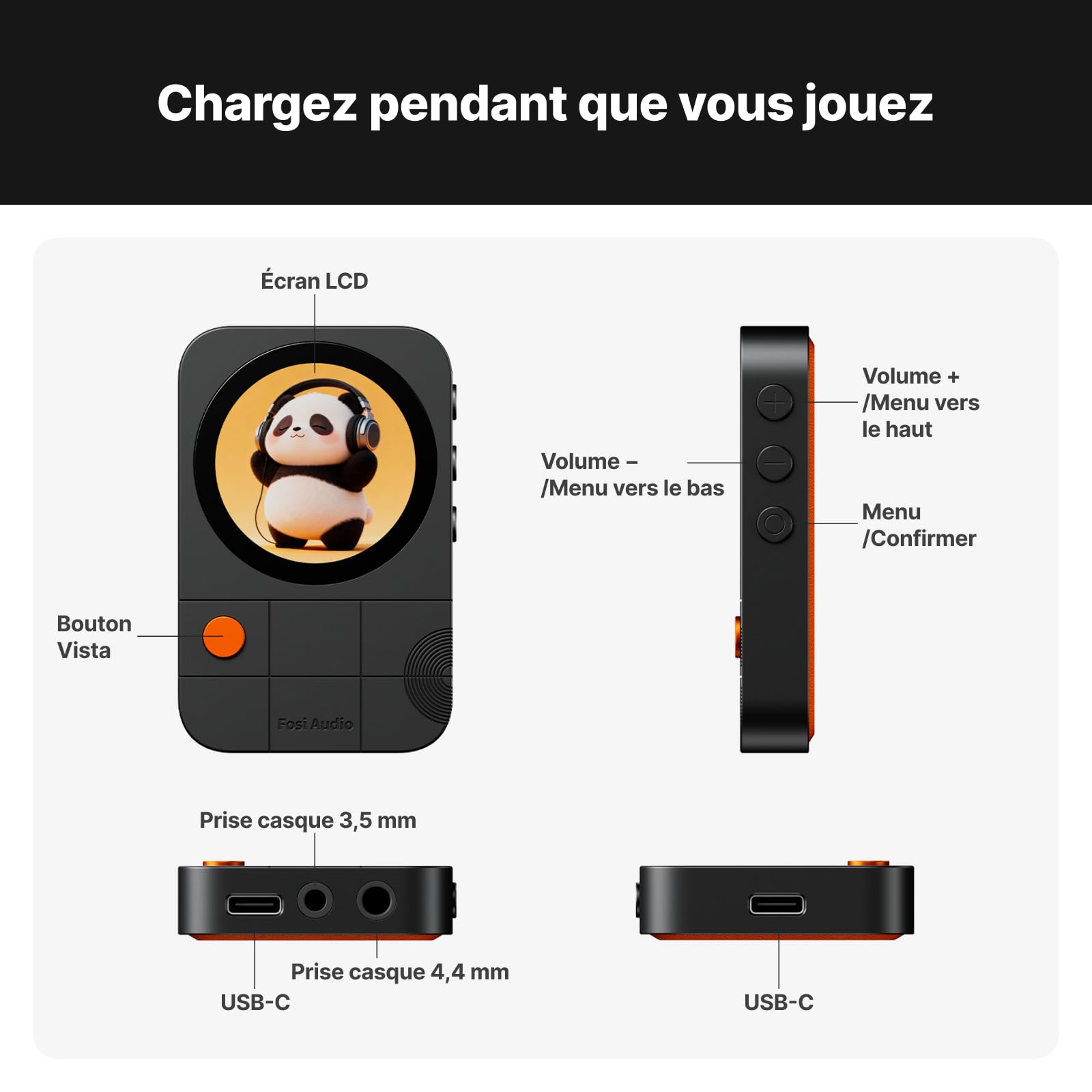 Fosi Audio MD3 Magnetic Headphone Amplifier, Portable DAC Dongle avec Écran 1,28", ES9039Q2M, Ampli Casque Sorties 3.5 & 4.4mm, Hi-FI Amplifier PCM 32bit/384kHz, Ampli HiFi pour Phone/Pad/PC, Noir