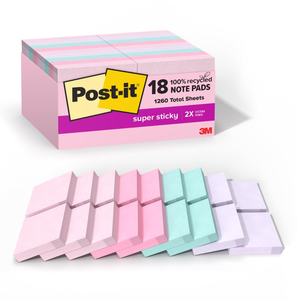 Post-it Recycelte Super Sticky Pop-Up-Notizen, 4,8 x 4,8 cm, Wanderlust Pastels Collection, 70 Blatt/Block, 18 Blöcke/Packung | Schulbedarf und Büroprodukte, 2-fache Haftkraft