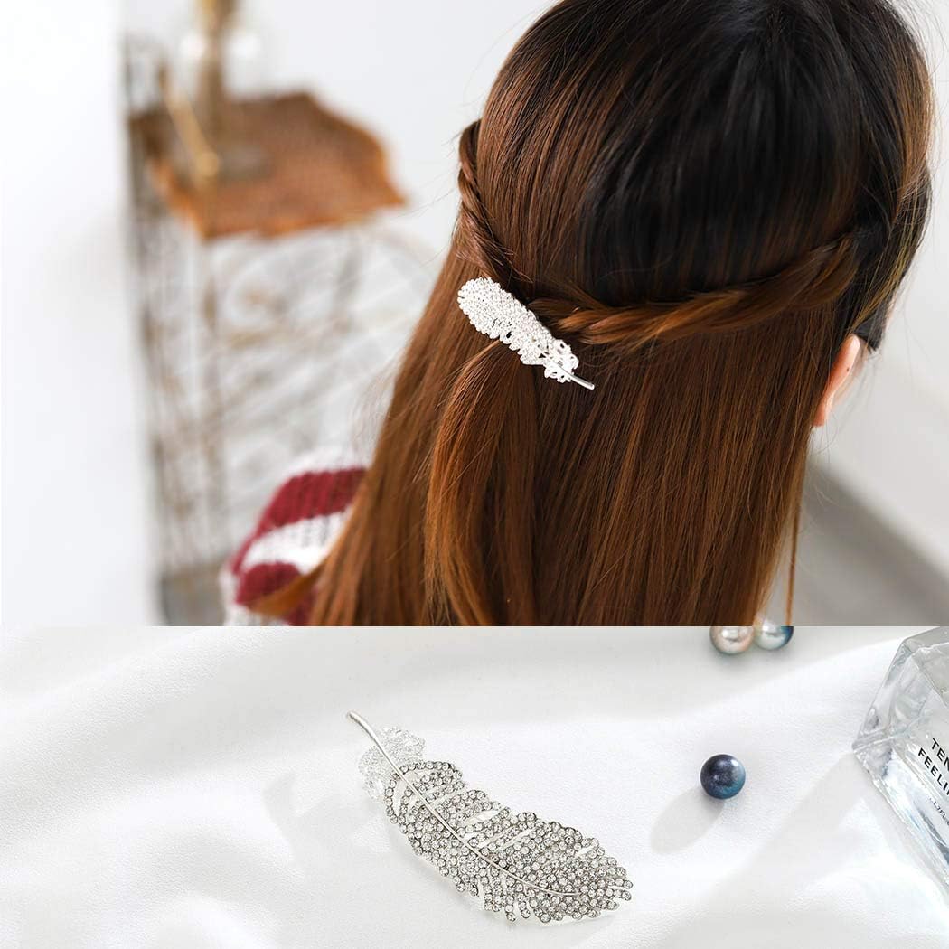 Genglass Crystal Hair Clips Leaf Hair Barrettes Feather Hair Pin Hair Accessories for Women and Girls (Silver)