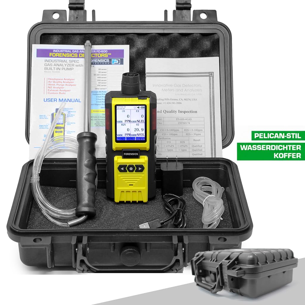 4-Gas-Messgerät mit Pumpe und Sonde | EU-Kalibrierzertifikat | Integrierte Pumpe und 4-Fuß-Sonde | Sauerstoff (O2), Kohlenmonoxid (CO), Schwefelwasserstoff (H2S), EX%UEG