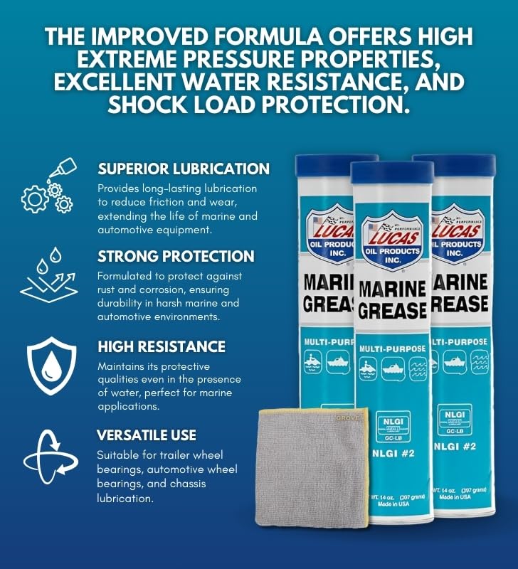 Image of Marine Grease 14 oz Bundle with Microfiber Cloth - Heavy Duty Marine Grease for Trailer Wheel Bearings, Chassis Lubrication, and Outboards - Extreme Pressure - Rust & Oxidation Resistant - (4 Items)