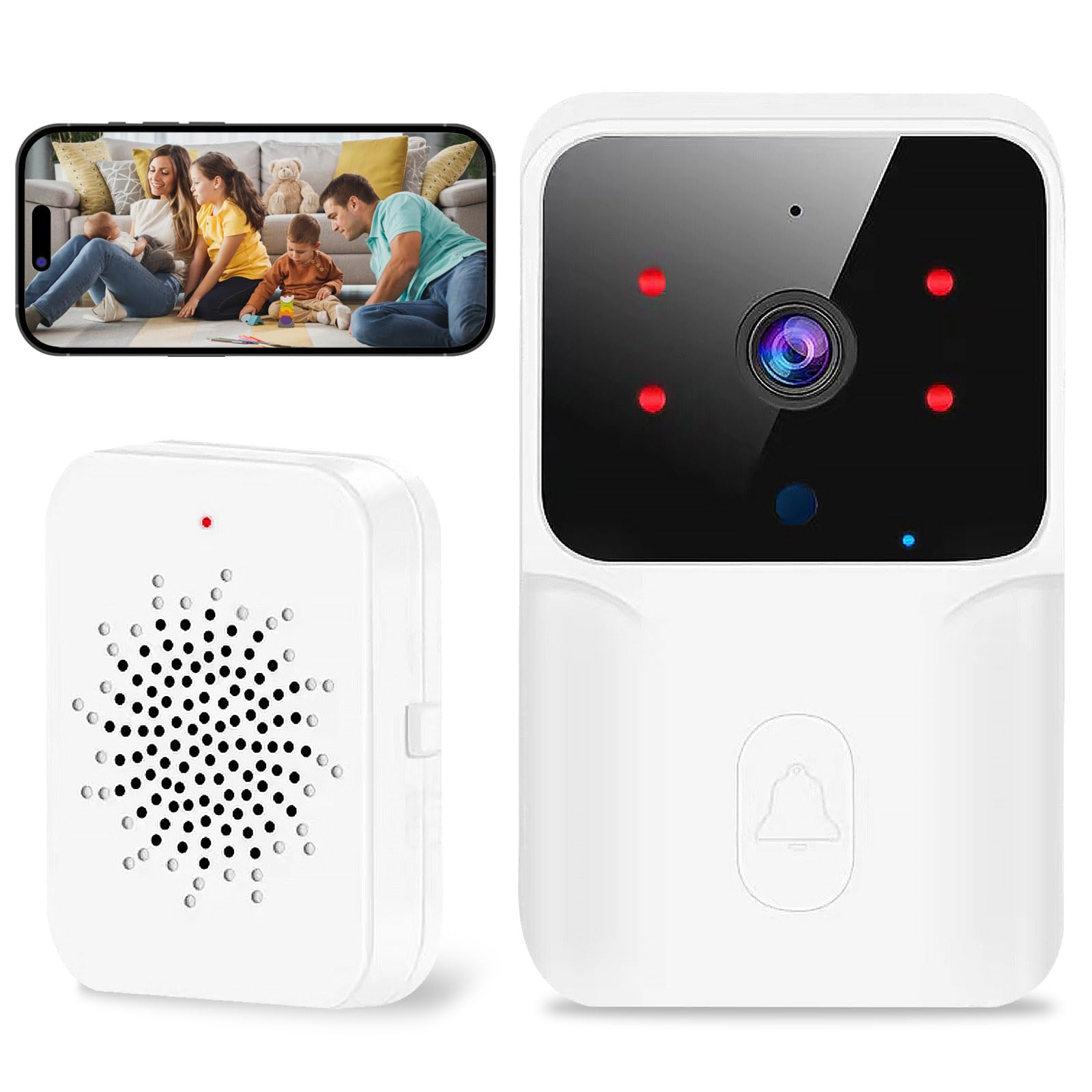 Timbre Videoportero Inalámbrico,Cámara HD1080P Visión Nocturna,Impermeable IP66,Intercomunicación Bidireccional WiFi,Instalación Sin Taladrar Inalámbrica,Control por App para Hogar/Piso/Garaje