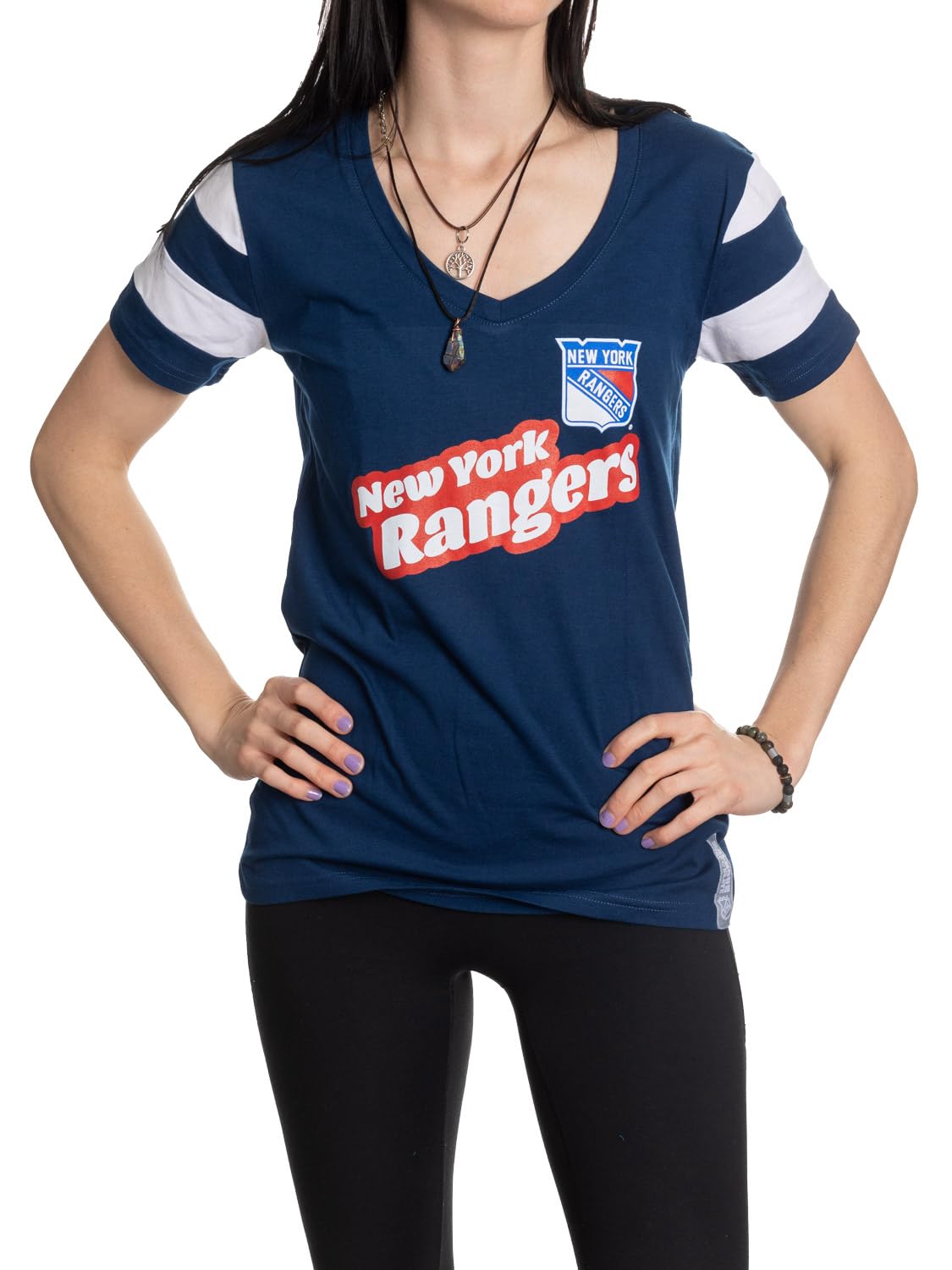 Calhoun Women's New York Rangers Nhl Retro Varsity Short Sleeve Cotton V-Neck T-Shirt, L