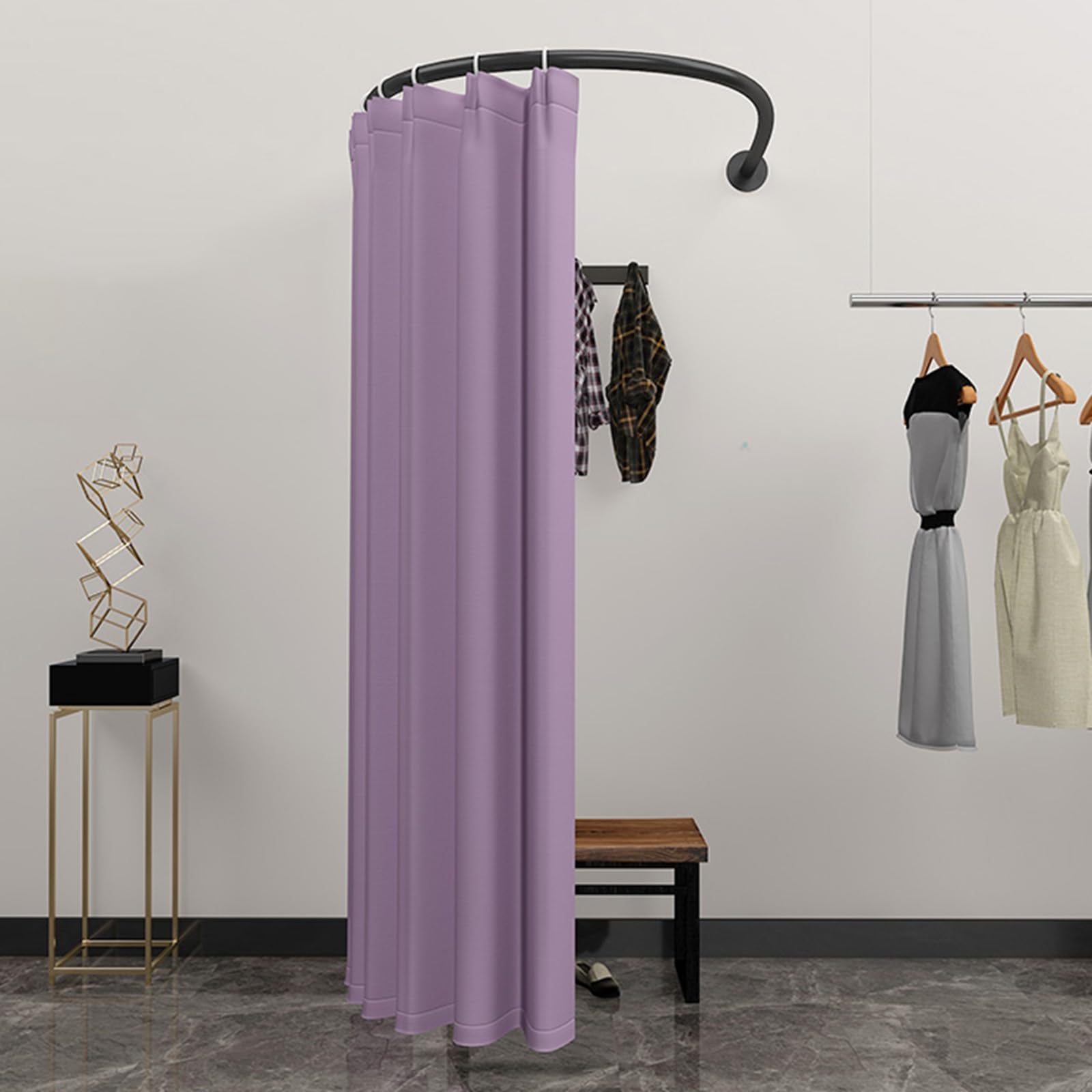 Cabine d'essayage en U pour magasin avec rideau violet et tringle noire 80 cm