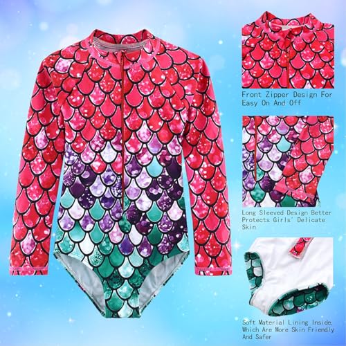 Image of Girls Long Sleeve One Piece Swimsuit Rash Guard Swimwear Zipper Quick Dry Bathing Suits Sun Protection UPF 50+ (Ages 4-12)