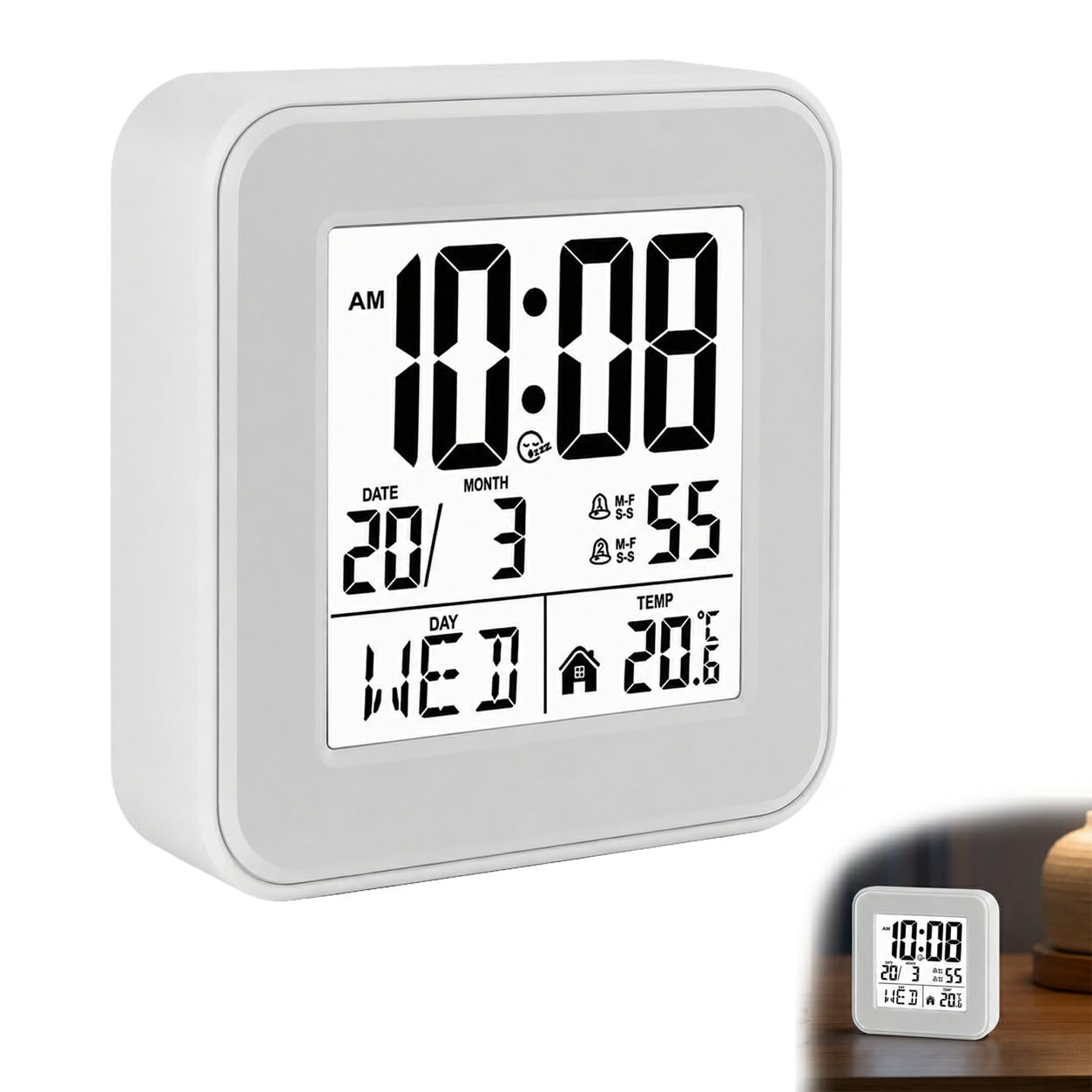 Digital Alarm Clock White Bedside Clock with Temperature and Date Display