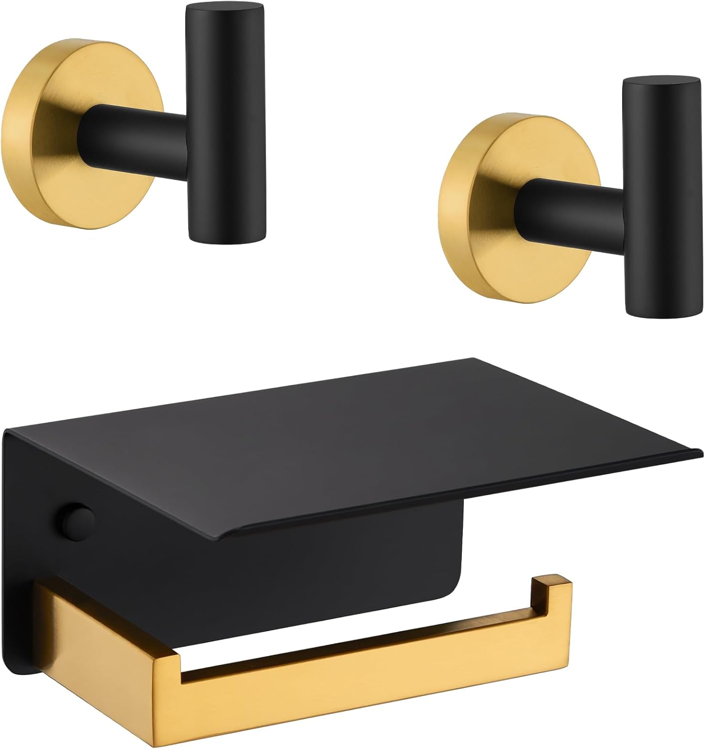 APLusee Black Gold Toilet Paper Holder with Shelf, 2 Pack Towel Hook Bundle, Wall Mounted
