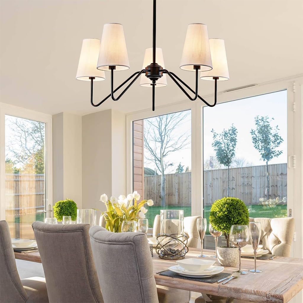 Lustre américain Abat - Jour en Tissu Design rétro Lustre 5 Branches Lumineuses Noir Mat Hauteur réglable Salon Lustre Chambre Cuisine Salle à Manger luminaires