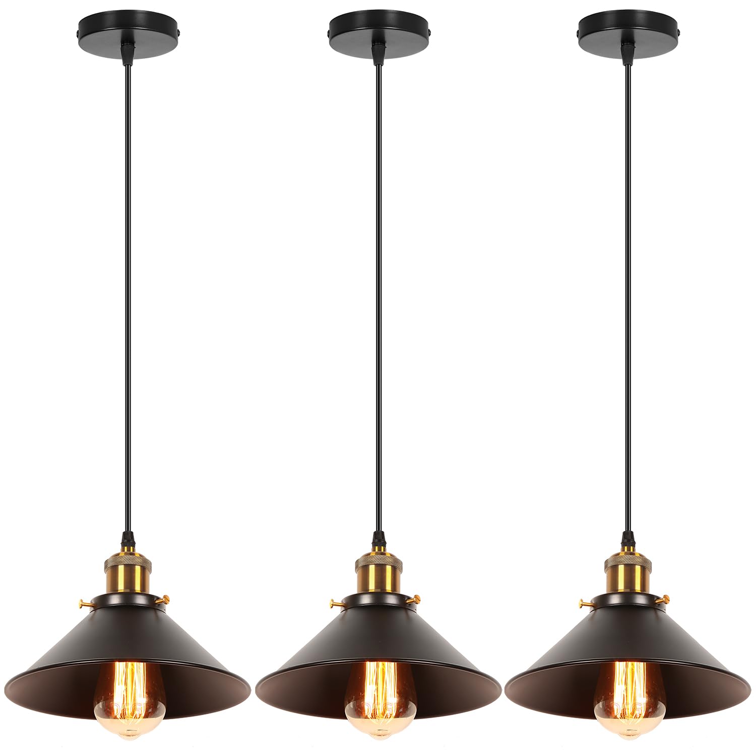 iDEGU 3 Piezas Lámparas Colgantes Vintage, 22CM Lámparas de Techo Retro de Metal Estilo Edison Industrial E27 Iluminación para Comedor, Cocina, Salón, Bar, Restaurante (3x Negro)