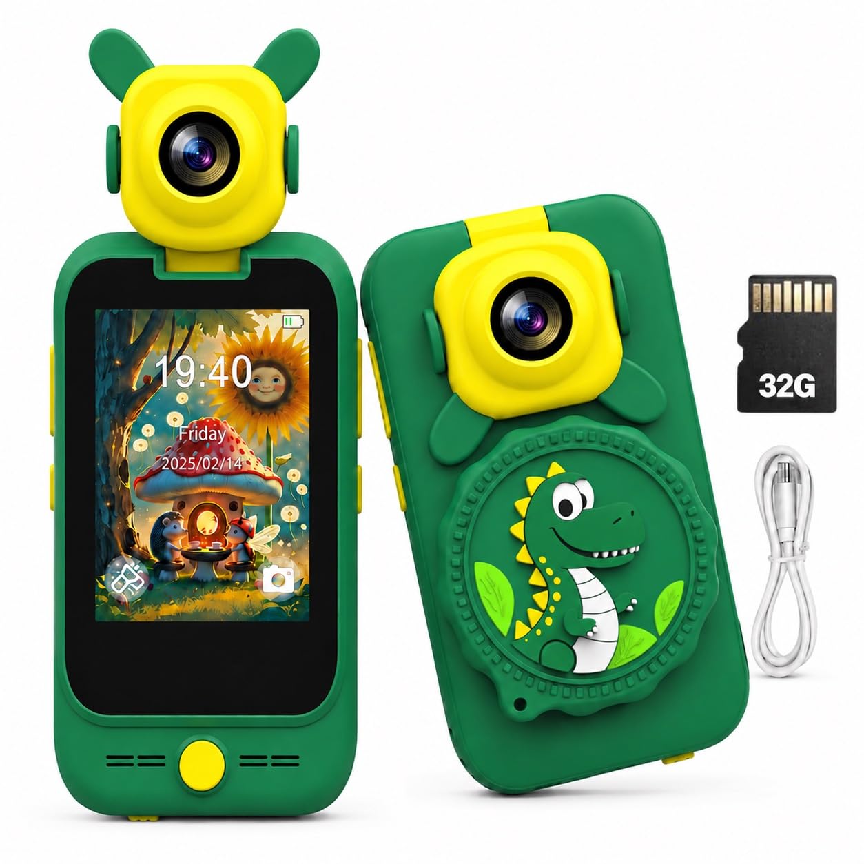 TOSBARRFT Kids Phone, Flip Camera & Microscope Gift for Ages 3–8 Green Dinosaur, 2.8-inch Touchscreen, 32GB Included, About 2.5h Continuous use with Screen + All 6 Lights on(Green)