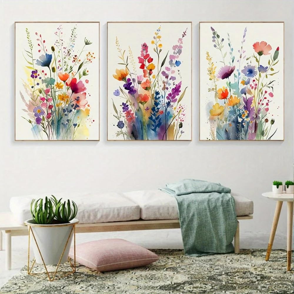 WBYZAC Art Prints-Botanical Canvas Painting Vintage Wildflowers Artwork Abstract Watercolour Landscape Poster Kitchen Bedroom Wall Art Decor-50 * 60cm*3PCS (No Frame)