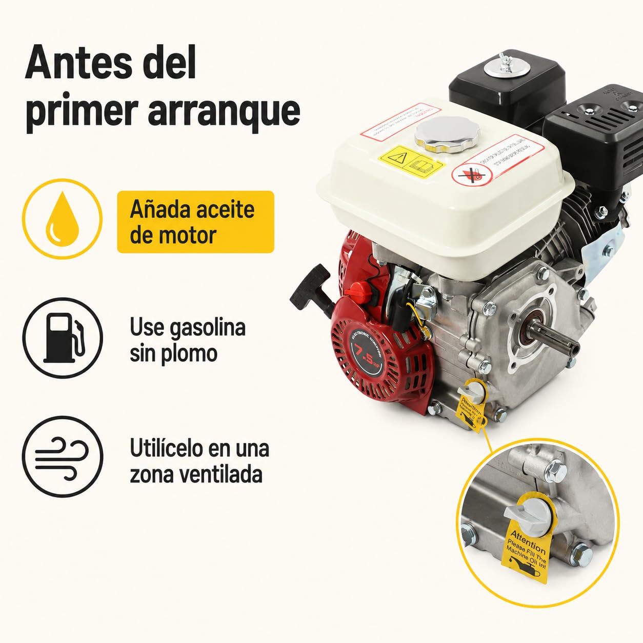 Motor de gasolina de 4 tiempos de 7,5 CV 212 cc con eje de levas de 19 mm | Motor multiusos refrigerado por aire con sensor de aceite y depósito de 3,6 L para generador de bomba kart y cortacésped