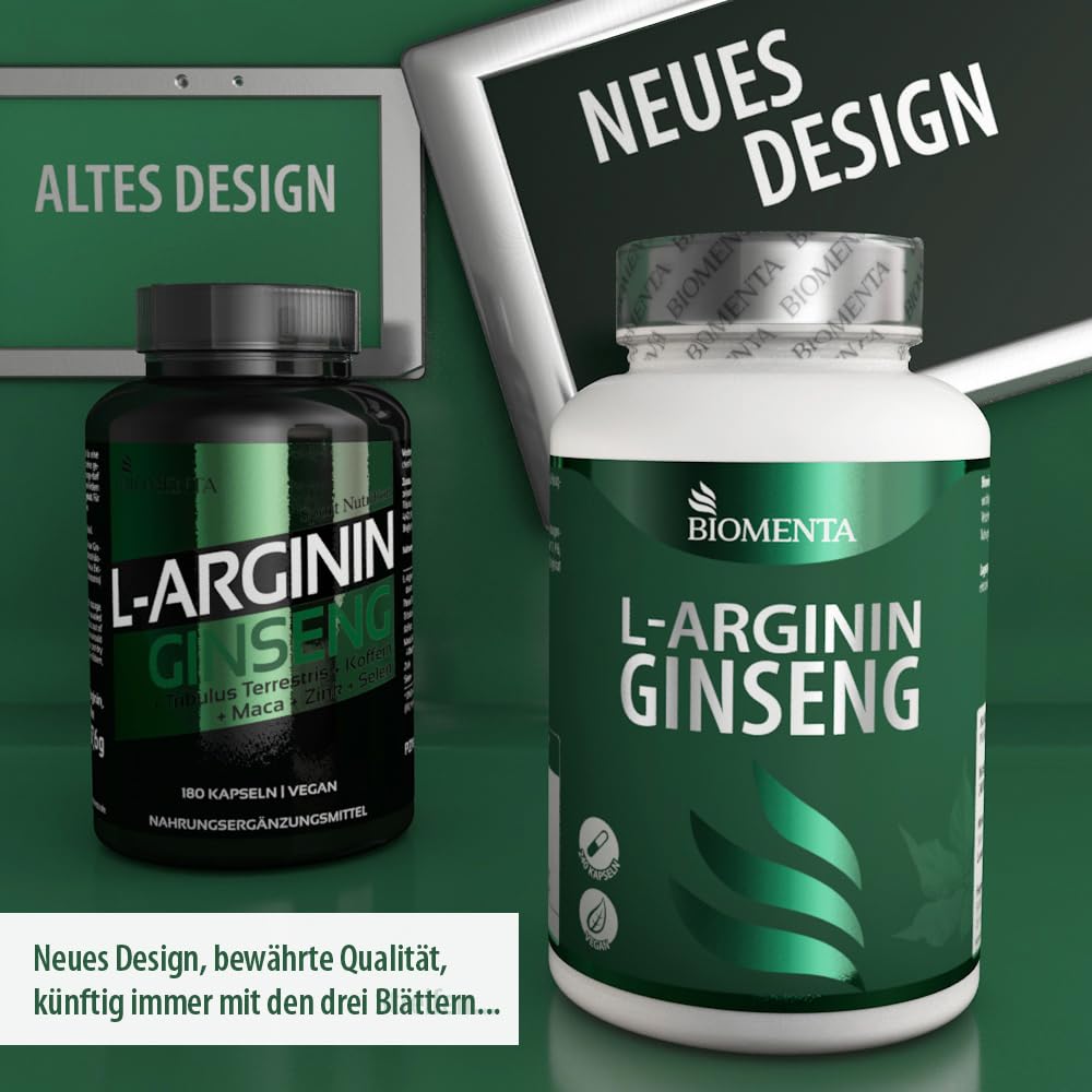 BIOMENTA Arginin Ginseng – 240 hochdosierte Kapseln - Wirkstoff Komplex + neue Rezeptur: Aminosäure, Mineralstoffe, Extrakte: Maca, Tribulus Terrestris, Zink, Selen - vegan - Premiumqualität