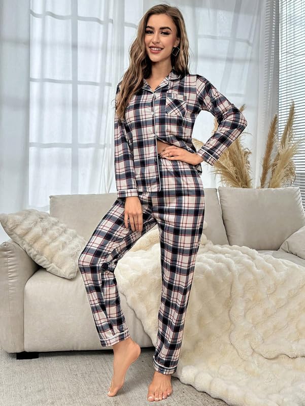 Image of Night Suit for Women with Full Sleeve Button-Down Top with Pant Dress for Woman,Night Dress for Woman, Two-Piece Loungewear Set