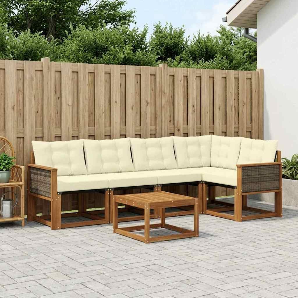 Gartenmöbelgarnitur mit 6 Teilen aus massivem Akazienholz und wetterfestem Textilene für Garten, Terrasse und Poolbereich, inklusive Kissen, Tisch, Sofas und Armlehnen