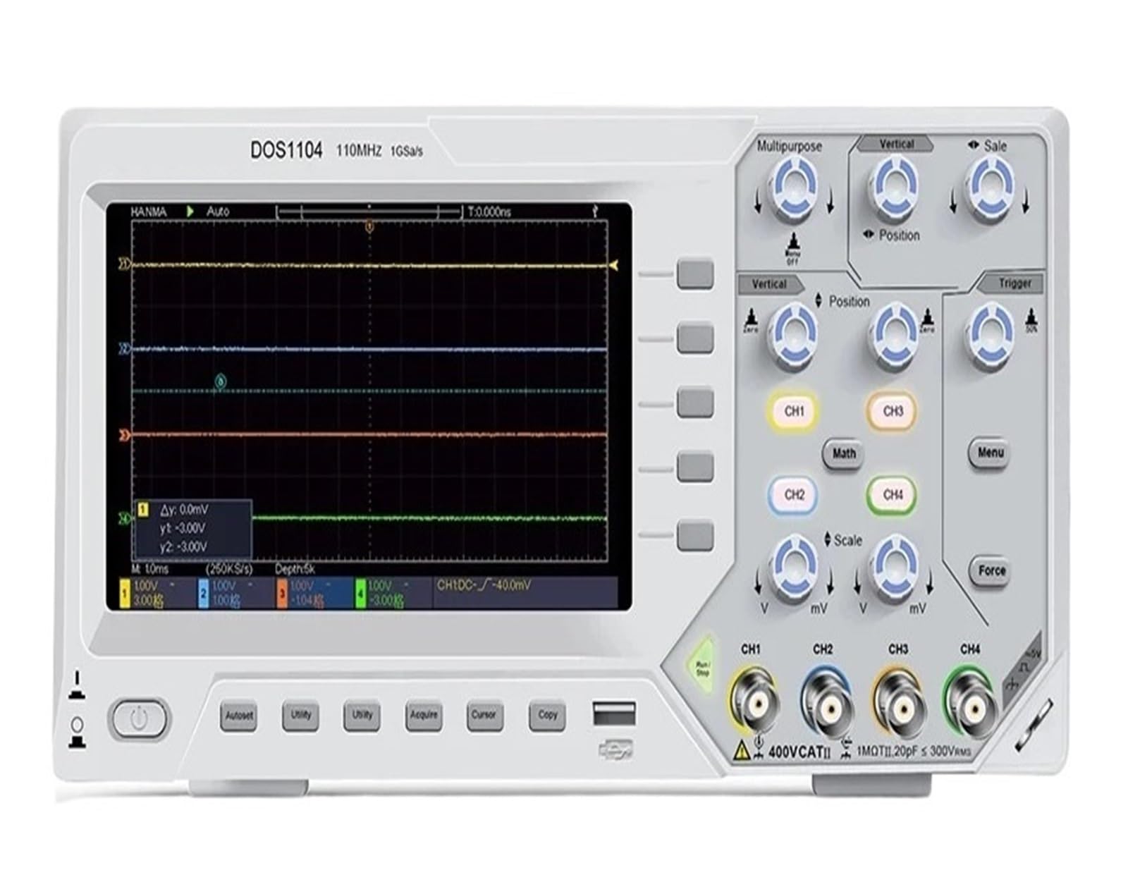 Oscyloskop cyfrowy 2/4 Szerokość pasma 110 MhZ 1GS/s Częstotliwość próbkowania 5 mV/Div 7-calowy oscyloskop stołowy z pamięcią TFT (DOS1102, EU)