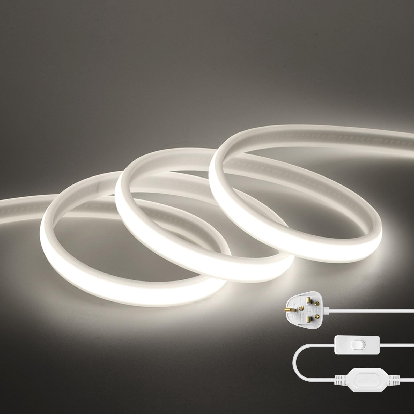 KAFULA 220V COB LED Strip with On/Off [10m, White Light 6000-6500K], IP65 Waterproof Flexible, 288 LEDs/M Cuttable FCOB LED Neon Strip CRI85+, Home/Store Lighting Decoration
