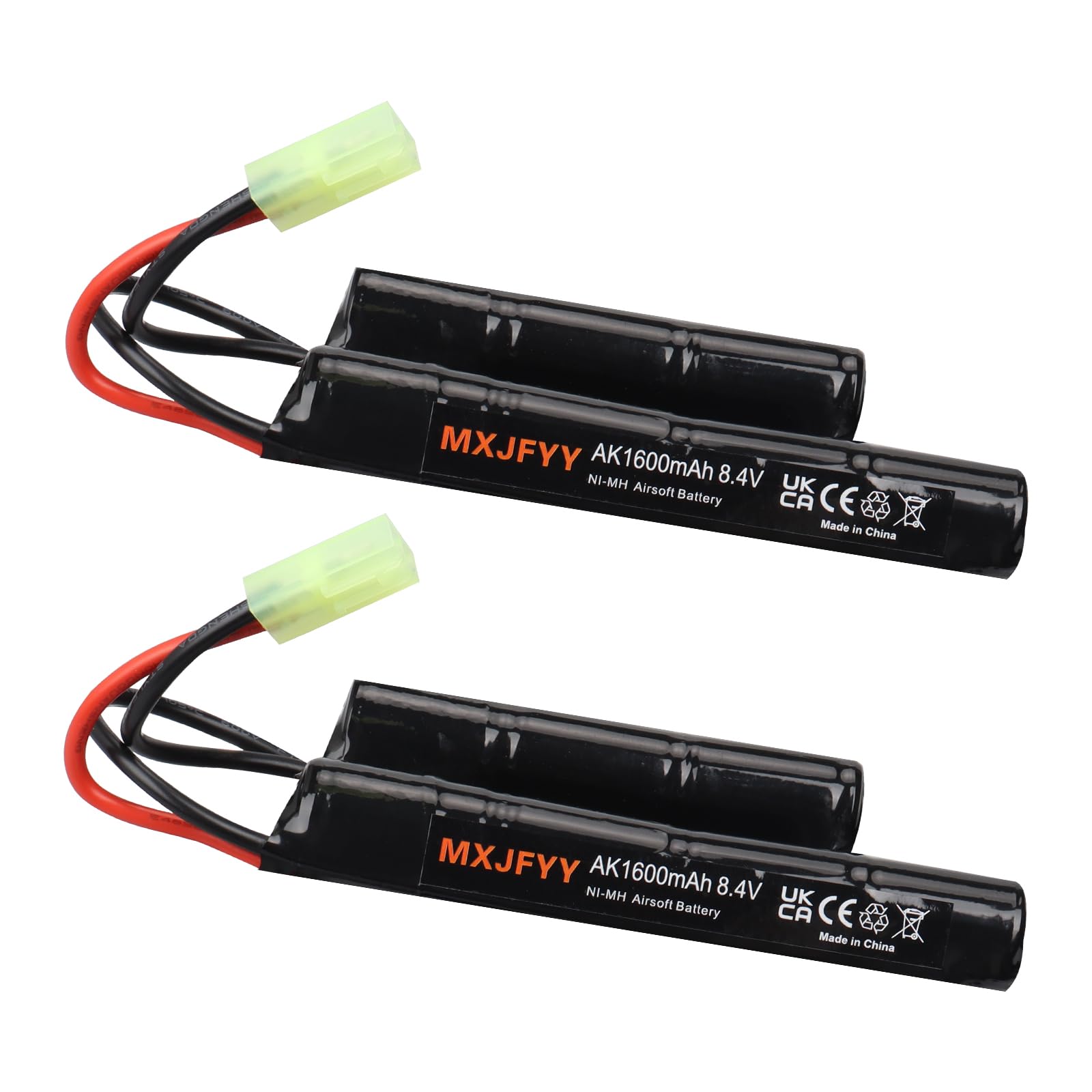 Lot de 2 Batteries Rechargeables Airsoft 8,4 V 1 600 mAh, NiMH Nunchuck compatibles avec Airsoft M4, G36, Pistolet Airsoft, Carabine à air comprimé ICS CA TM SRC JG G36 G