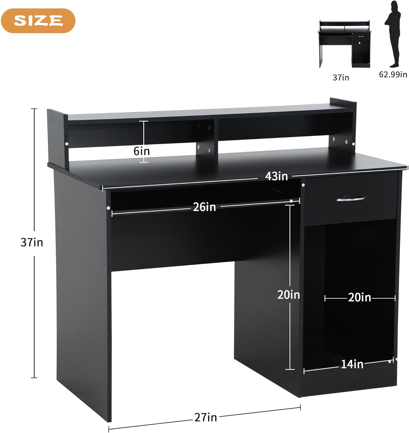 Home Office Computer Desk, 43" PC Desk with Drawers and Pull-Out Keyboard Tray, Modern Studying Writing Table with Hutch and Storage Shelves, Black