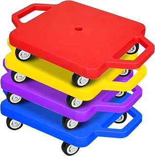 4 Pcs Sports Scooter Board with Handles Sitting Scooter Board Colored Plastic Casters Sport Floor Scooter Board for Children Gym Indoor Outdoor Activities Play Equipment