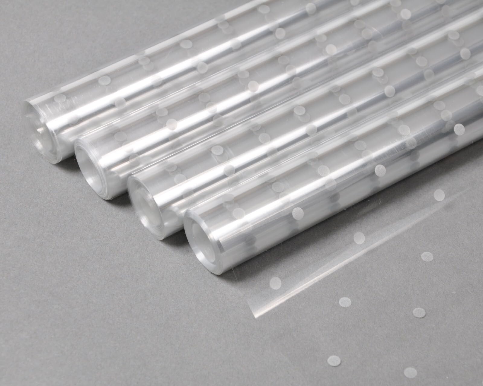 Cellophane Wrap Hamper Florist Film - 800mm Wide x 10m Long - 4 Rolls (40m) - Silver Dot | Wrapping Paper & Gift Wrap for Bouquets, Baskets & Hampers – Supplied On a Roll with No Cardboard Core