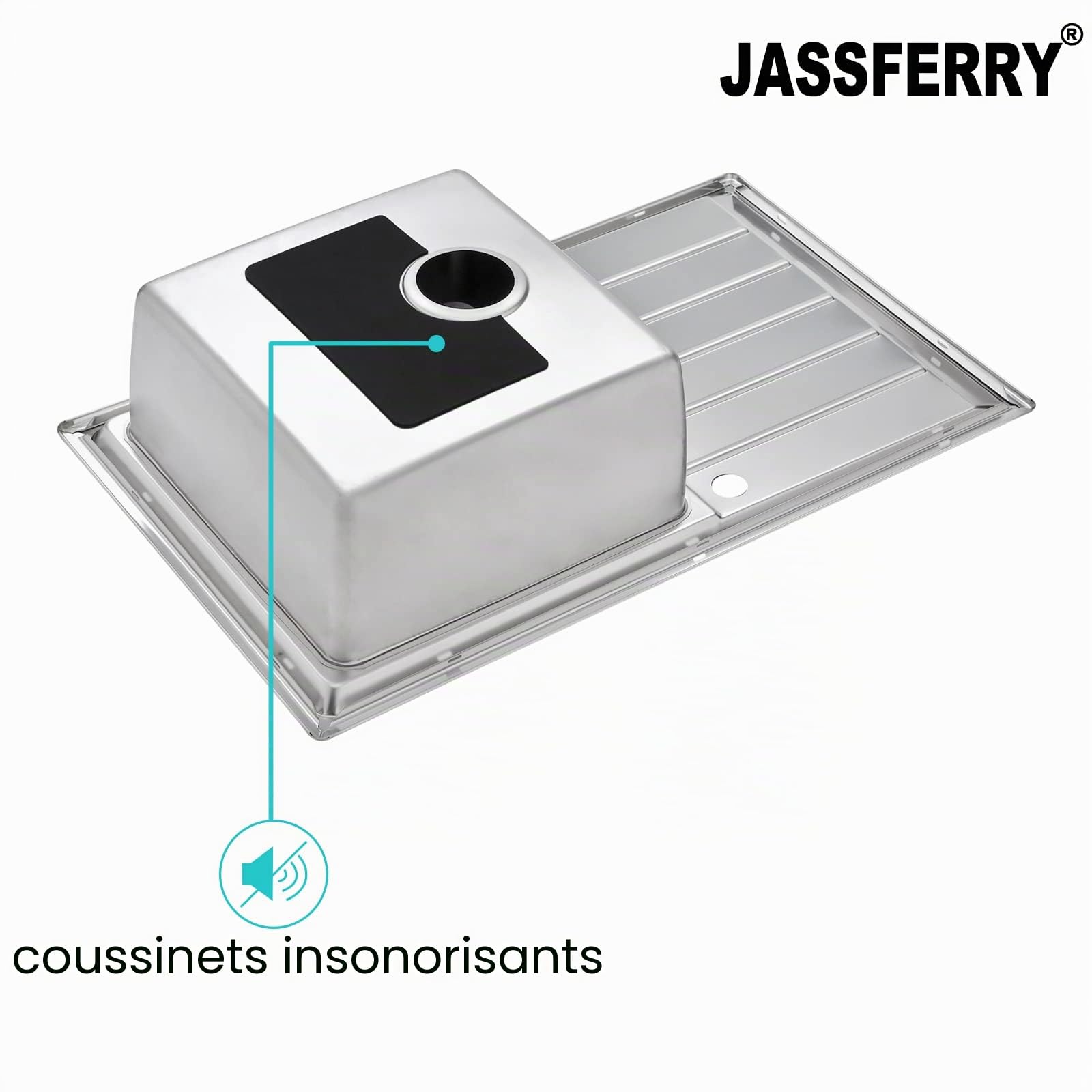 JASSFERRY Évier de cuisine Cuve simple, Acier Inoxydable, Égouttoir réversible, avec crépine