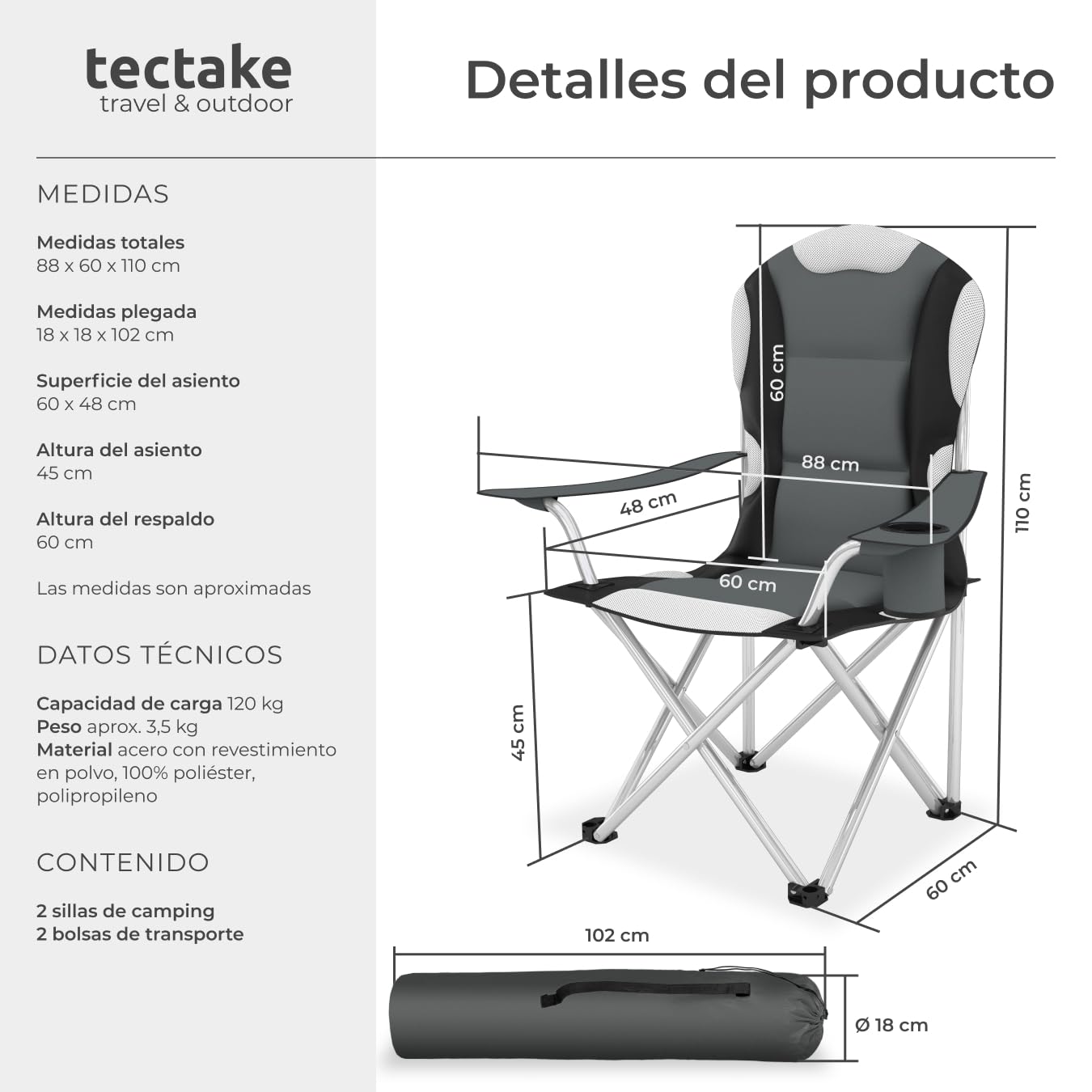 tectake® Silla de Camping Plegable, Confort Acolchado, Soporte para Bebidas, Bolsa de Transporte, Silla Playa, Sillas Plegables, Sillas Exterior Terraza, Silla Relax - 2X Gris