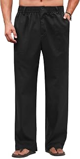 Men's Casual Linen Cotton Pants Elastic Waist Summer Beach Trousers Lightweight Yoga Vacation Pants