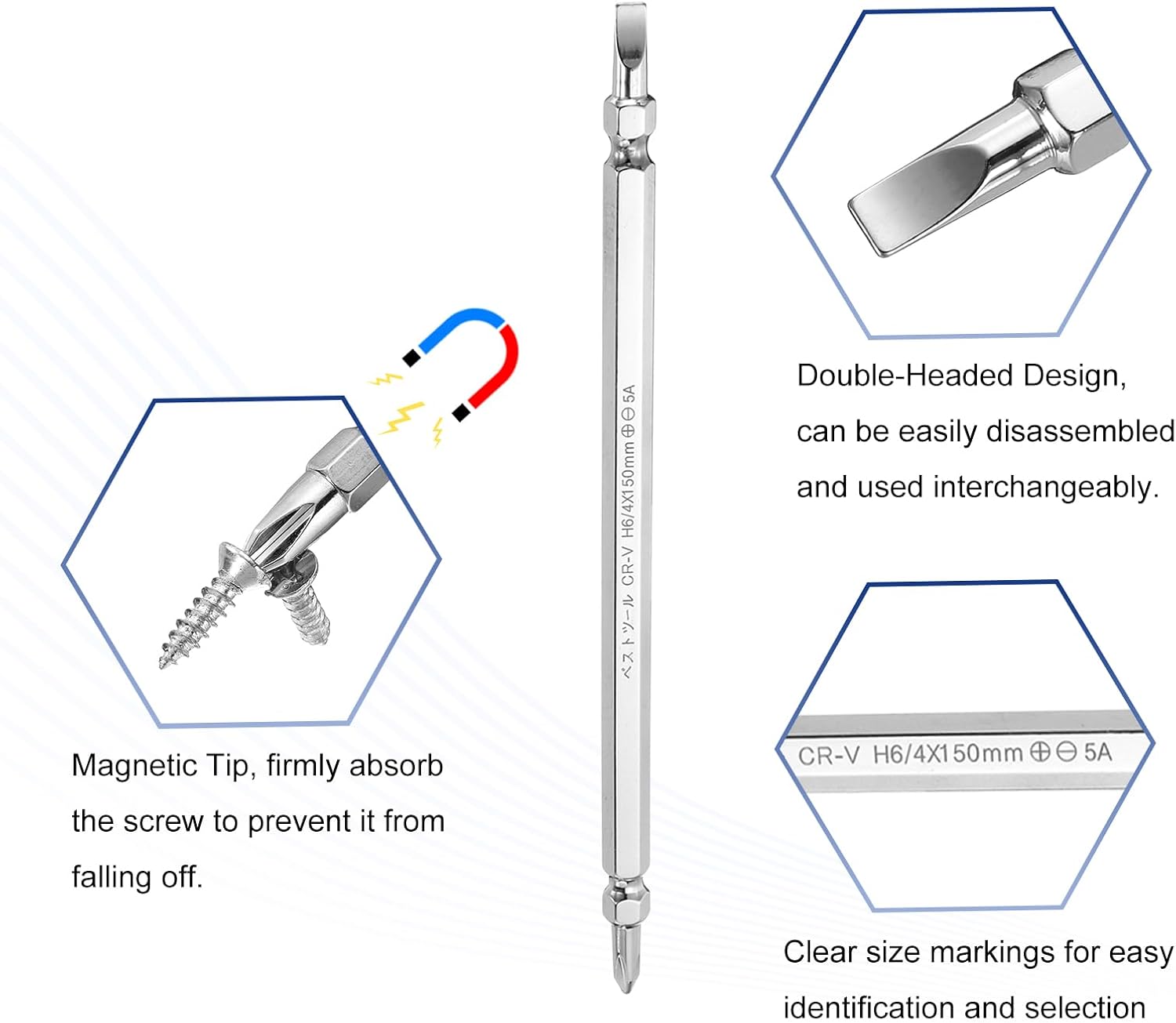 HARFINGTON 4pcs Magnetic Double Ended Screwdriver Bit 4mm PH2/SL6 6"/150mm 1/4" Hex Shank CR-V Steel Phillips Cross Slotted Flat Screw Driver Bit for Power Screwdriver Impact Drill Tool