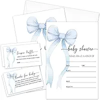 Kit de convites para chá de bebê Blue Bow com envelopes, 25 conjuntos de convites para chá de bebê e 25 bilhetes de sorteio de fraldas e 25 cartões de solicitação de livro de chá de bebê,