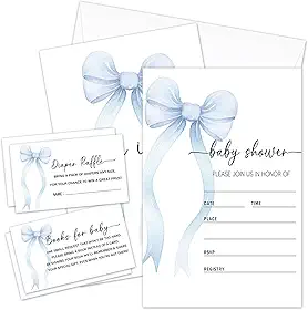 Kit de convites para chá de bebê Blue Bow com envelopes, 25 conjuntos de convites para chá de bebê e 25 bilhetes de sorteio de fraldas e 25 cartões de solicitação de livro de chá de bebê,