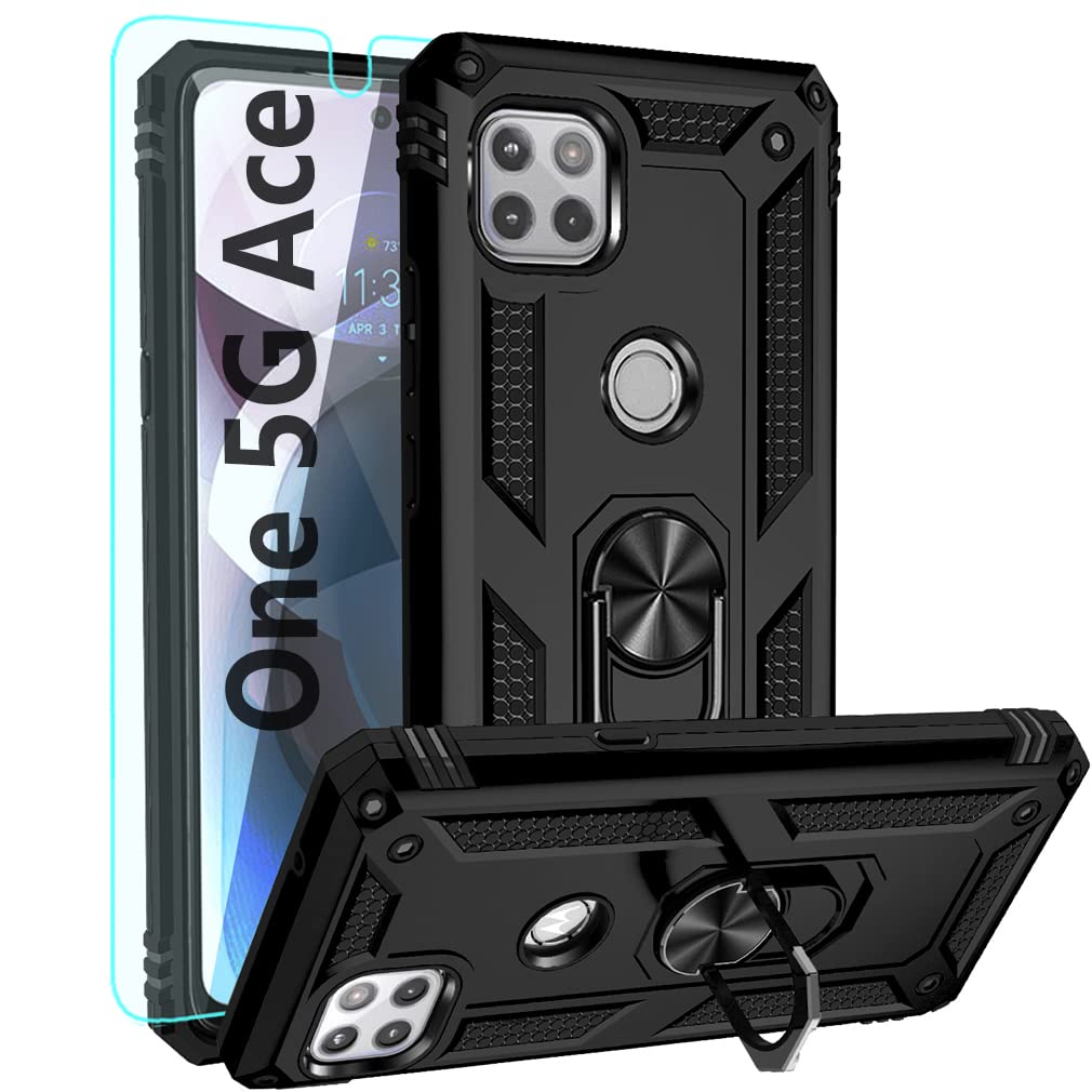YZOK for Moto One 5G Ace Case,with HD Screen Protector,[Military Grade] Ring Car Mount Kickstand Hybrid Hard PC Soft TPU Shockproof Protective Case