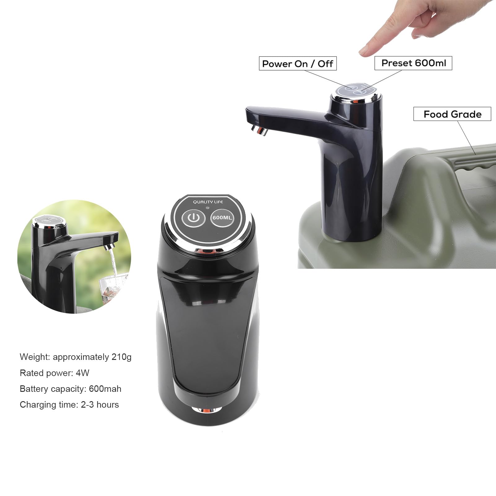 Waterjerrycan met kraan en elektrische waterflessen, pomp