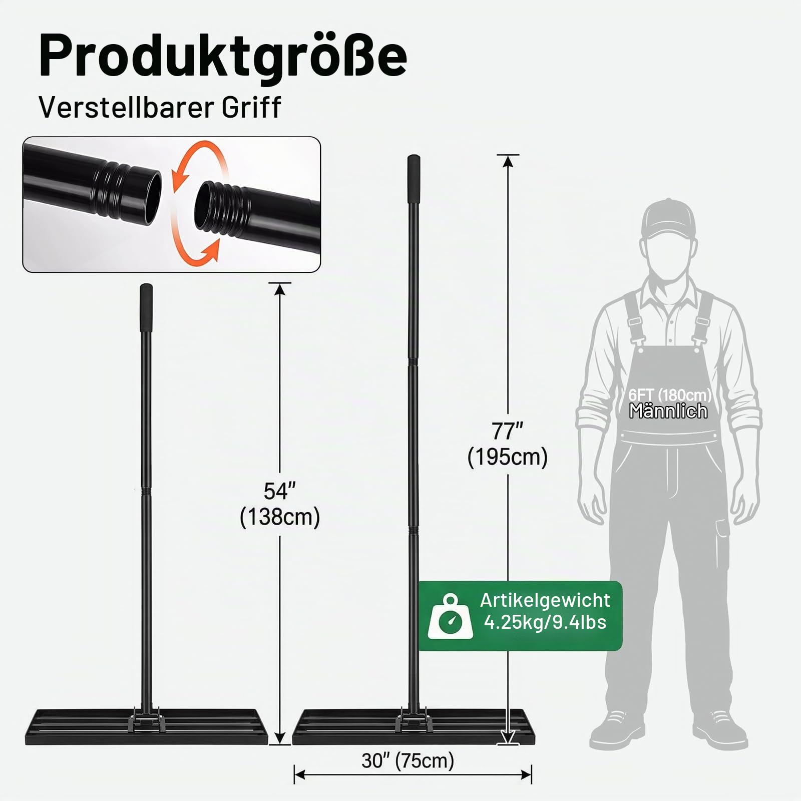 Rasen-Nivellierrechen, 76 cm x 25 cm, robuster Metall-Nivellierer mit 200 cm ergonomischem langem Griff, Gartengerät zum Glätten und Nivellieren unebener Rasenflächen